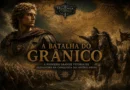 Representação da Batalha do Grânico em 334 a.C., mostrando Alexandre, o Grande, liderando a travessia do rio contra a cavalaria persa durante sua primeira grande vitória na conquista do Império Persa.