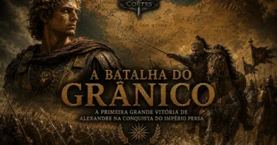 Representação da Batalha do Grânico em 334 a.C., mostrando Alexandre, o Grande, liderando a travessia do rio contra a cavalaria persa durante sua primeira grande vitória na conquista do Império Persa.