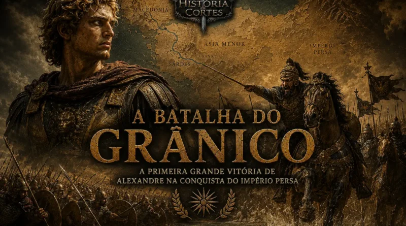 Representação da Batalha do Grânico em 334 a.C., mostrando Alexandre, o Grande, liderando a travessia do rio contra a cavalaria persa durante sua primeira grande vitória na conquista do Império Persa.