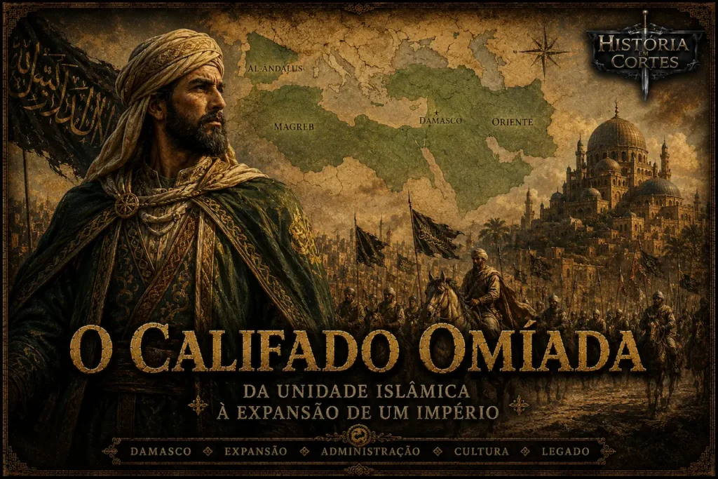 Representação do Califado Omíada mostrando sua expansão territorial de Damasco até Al-Andalus, com líder omíada, exército islâmico, mapa histórico e arquitetura islâmica medieval.