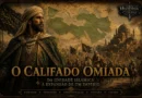 Representação do Califado Omíada mostrando sua expansão territorial de Damasco até Al-Andalus, com líder omíada, exército islâmico, mapa histórico e arquitetura islâmica medieval.