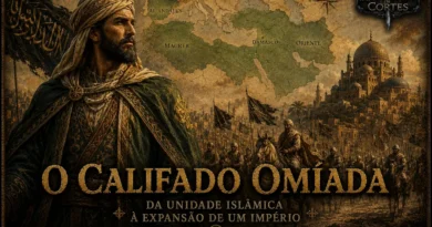Representação do Califado Omíada mostrando sua expansão territorial de Damasco até Al-Andalus, com líder omíada, exército islâmico, mapa histórico e arquitetura islâmica medieval.
