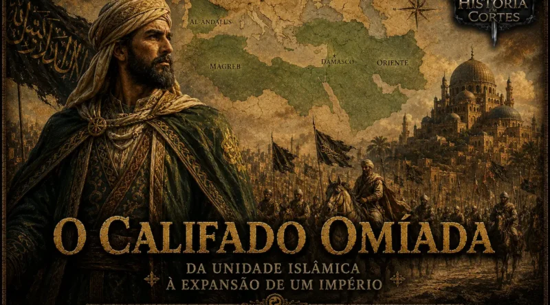 Representação do Califado Omíada mostrando sua expansão territorial de Damasco até Al-Andalus, com líder omíada, exército islâmico, mapa histórico e arquitetura islâmica medieval.