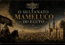 Sultanato Mameluco do Egito: guerreiro mameluco montado a cavalo diante do Cairo medieval e de uma grande mesquita islâmica.