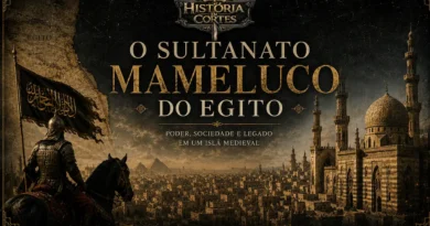 Sultanato Mameluco do Egito: guerreiro mameluco montado a cavalo diante do Cairo medieval e de uma grande mesquita islâmica.