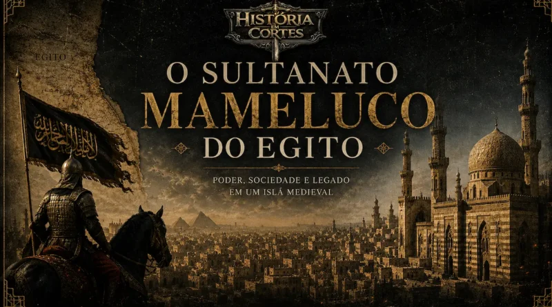 Sultanato Mameluco do Egito: guerreiro mameluco montado a cavalo diante do Cairo medieval e de uma grande mesquita islâmica.