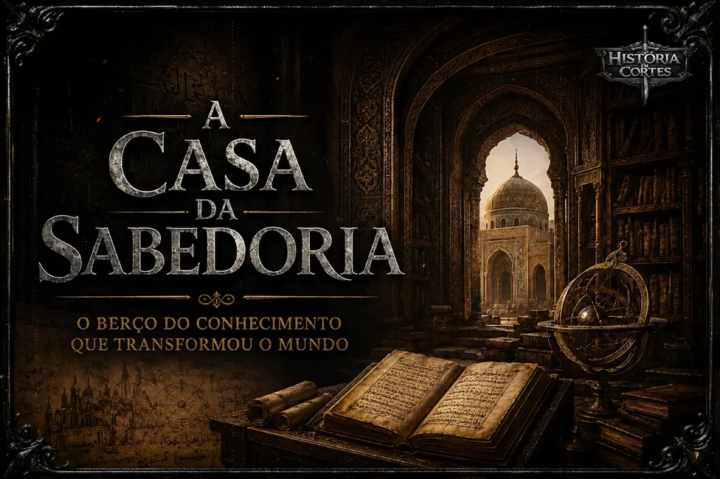 Ilustração da Casa da Sabedoria em Bagdá, mostrando livros, manuscritos, instrumentos científicos e a arquitetura islâmica do período abássida, destacando o maior centro intelectual do mundo medieval.