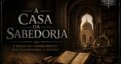 Ilustração da Casa da Sabedoria em Bagdá, mostrando livros, manuscritos, instrumentos científicos e a arquitetura islâmica do período abássida, destacando o maior centro intelectual do mundo medieval.