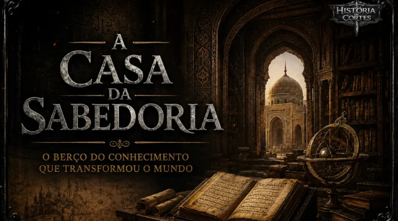 Ilustração da Casa da Sabedoria em Bagdá, mostrando livros, manuscritos, instrumentos científicos e a arquitetura islâmica do período abássida, destacando o maior centro intelectual do mundo medieval.