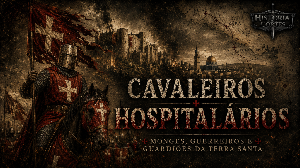 Cavaleiros Hospitalários com sobrecasaca vermelha e cruz branca diante de uma fortaleza cruzada na Terra Santa durante o século XIII.