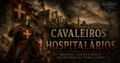 Cavaleiros Hospitalários com sobrecasaca vermelha e cruz branca diante de uma fortaleza cruzada na Terra Santa durante o século XIII.