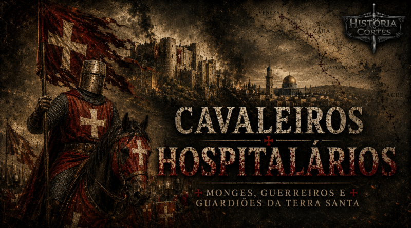 Cavaleiros Hospitalários com sobrecasaca vermelha e cruz branca diante de uma fortaleza cruzada na Terra Santa durante o século XIII.