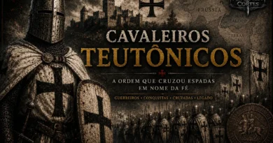 Ilustração dos Cavaleiros Teutônicos com um cavaleiro em armadura branca e cruz negra, tropas da ordem, castelo medieval e mapa da Prússia ao fundo.
