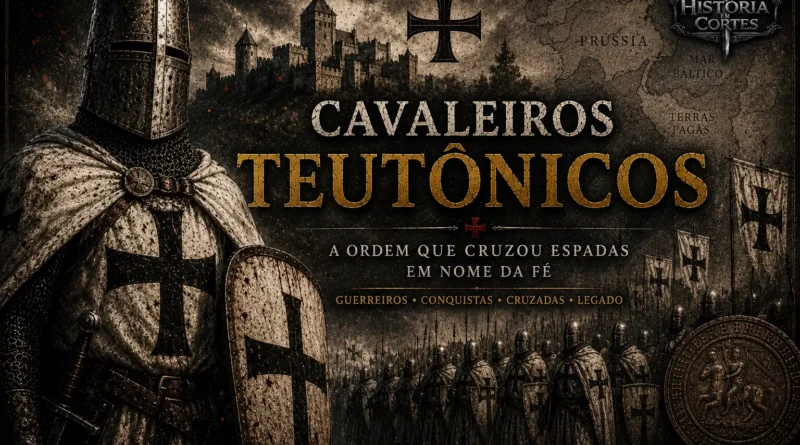Ilustração dos Cavaleiros Teutônicos com um cavaleiro em armadura branca e cruz negra, tropas da ordem, castelo medieval e mapa da Prússia ao fundo.