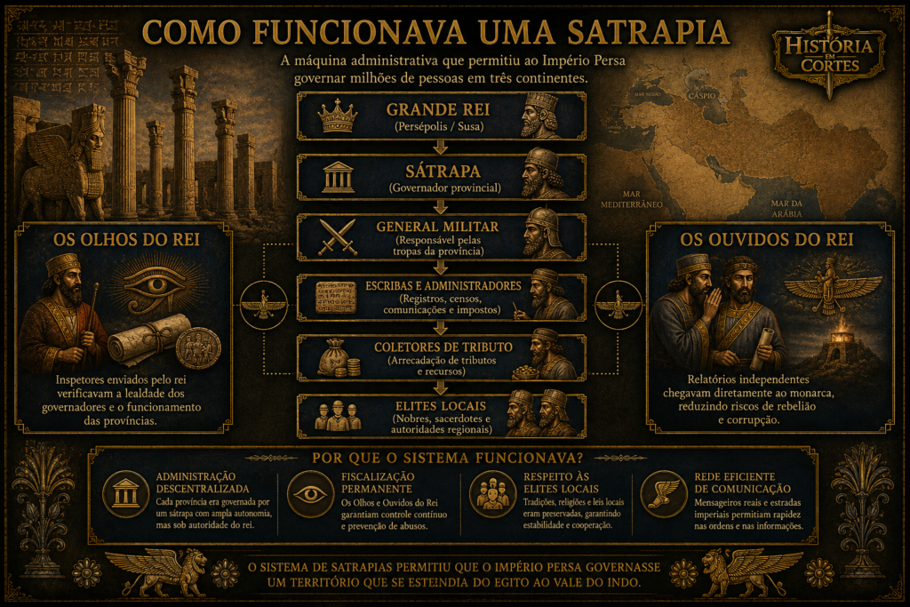 Infográfico mostrando a estrutura administrativa de uma satrapia persa, com o Grande Rei, sátrapas, generais militares, escribas, coletores de tributos e elites locais, além dos Olhos e Ouvidos do Rei.