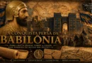Ciro, o Grande, diante do Portão de Ishtar durante a conquista persa da Babilônia em 539 a.C., com soldados aquemênidas, muralhas babilônicas e mapa do Oriente Próximo ao fundo.