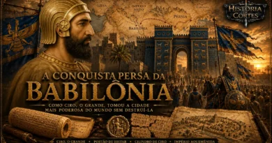 Ciro, o Grande, diante do Portão de Ishtar durante a conquista persa da Babilônia em 539 a.C., com soldados aquemênidas, muralhas babilônicas e mapa do Oriente Próximo ao fundo.