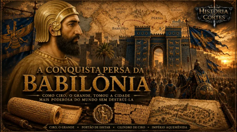 Ciro, o Grande, diante do Portão de Ishtar durante a conquista persa da Babilônia em 539 a.C., com soldados aquemênidas, muralhas babilônicas e mapa do Oriente Próximo ao fundo.