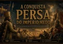 Representação da conquista persa do Império Medo por Ciro, o Grande, mostrando exércitos persas e medos em confronto durante a formação do Império Aquemênida.
