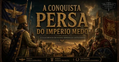 Representação da conquista persa do Império Medo por Ciro, o Grande, mostrando exércitos persas e medos em confronto durante a formação do Império Aquemênida.
