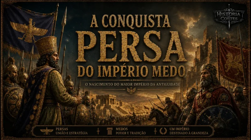 Representação da conquista persa do Império Medo por Ciro, o Grande, mostrando exércitos persas e medos em confronto durante a formação do Império Aquemênida.