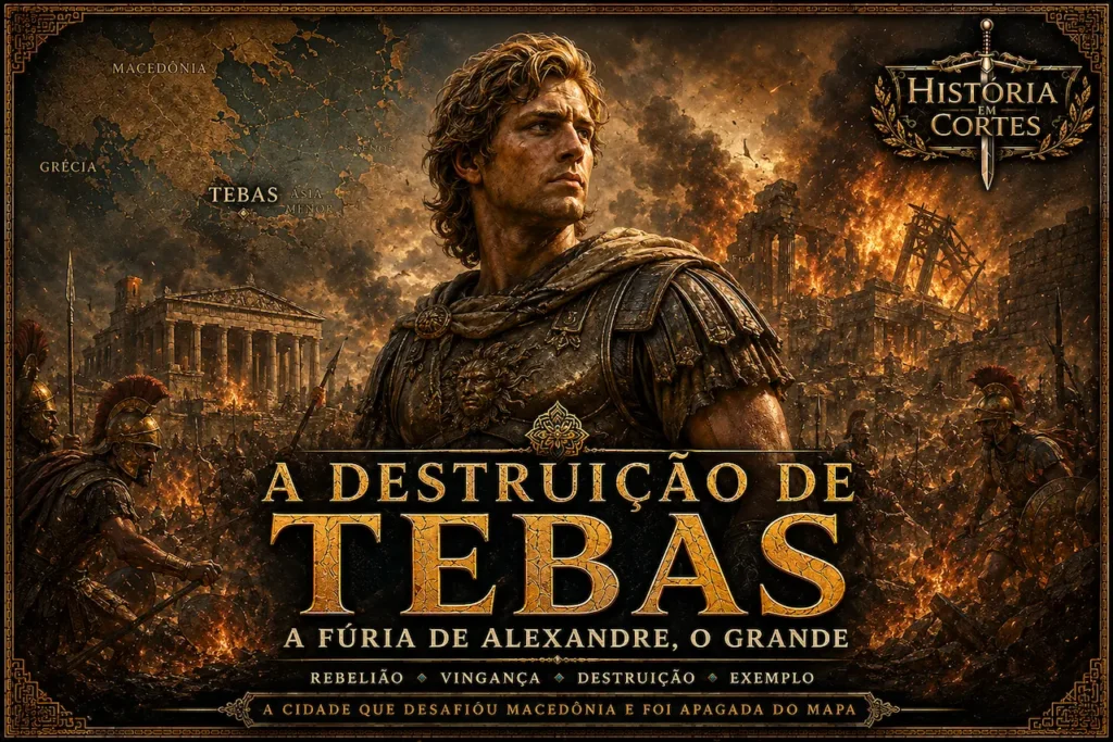 Alexandre, o Grande, durante a destruição de Tebas em 335 a.C., com a cidade em chamas ao fundo.