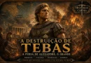 Alexandre, o Grande, durante a destruição de Tebas em 335 a.C., com a cidade em chamas ao fundo.