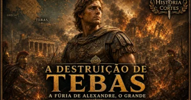 Alexandre, o Grande, durante a destruição de Tebas em 335 a.C., com a cidade em chamas ao fundo.