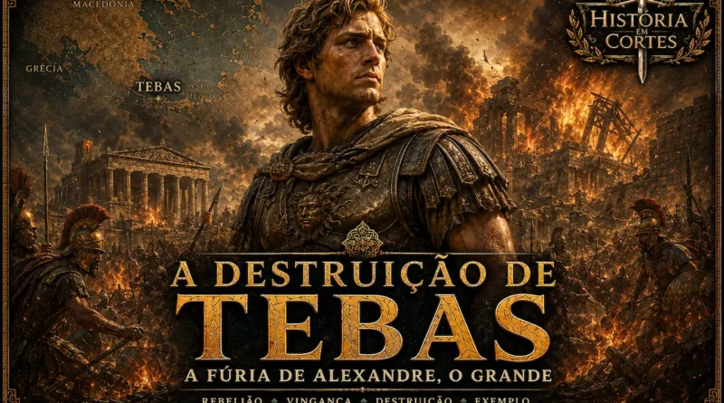 Alexandre, o Grande, durante a destruição de Tebas em 335 a.C., com a cidade em chamas ao fundo.