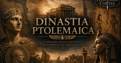 Dinastia Ptolemaica no Egito helenístico com Ptolomeu, Cleópatra, Farol de Alexandria e elementos da fusão entre as culturas grega e egípcia.