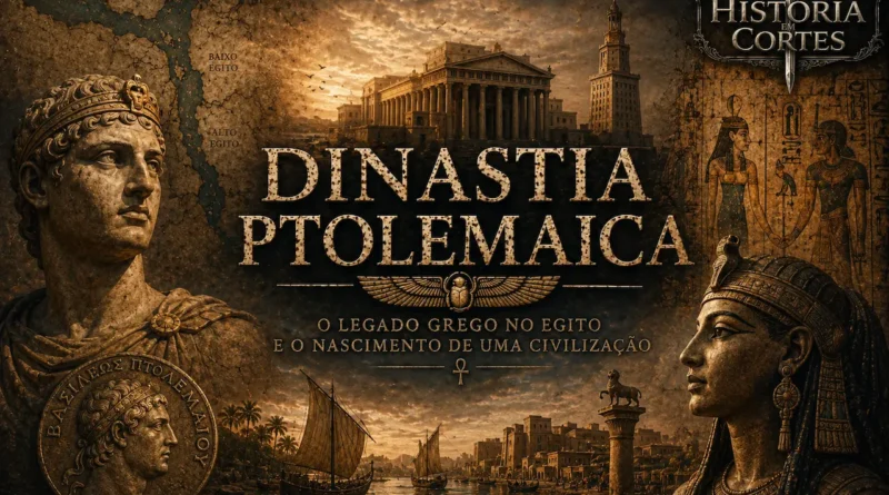 Dinastia Ptolemaica no Egito helenístico com Ptolomeu, Cleópatra, Farol de Alexandria e elementos da fusão entre as culturas grega e egípcia.