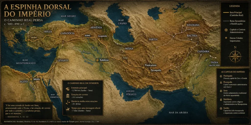 Mapa histórico do Caminho Real Persa mostrando a rota principal entre Sardes e Susa, as rotas secundárias para o Egito e o Vale do Indo, além das principais capitais do Império Aquemênida durante o reinado de Dario I.