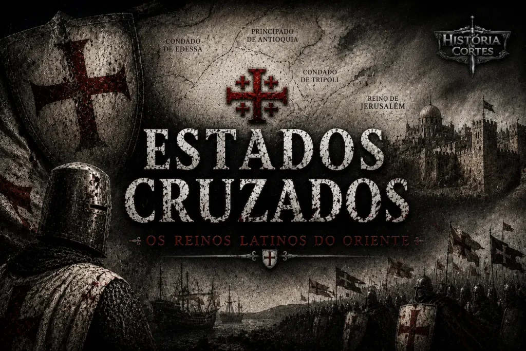 Ilustração representando os Estados Cruzados na Terra Santa, com cavaleiros cruzados, Jerusalém ao fundo, mapa dos principais estados latinos e símbolos das Cruzadas.