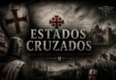 Ilustração representando os Estados Cruzados na Terra Santa, com cavaleiros cruzados, Jerusalém ao fundo, mapa dos principais estados latinos e símbolos das Cruzadas.