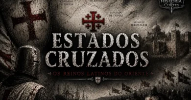 Ilustração representando os Estados Cruzados na Terra Santa, com cavaleiros cruzados, Jerusalém ao fundo, mapa dos principais estados latinos e símbolos das Cruzadas.