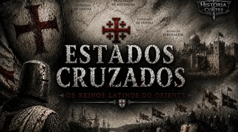 Ilustração representando os Estados Cruzados na Terra Santa, com cavaleiros cruzados, Jerusalém ao fundo, mapa dos principais estados latinos e símbolos das Cruzadas.