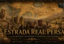 Ilustração histórica da Estrada Real Persa mostrando o percurso entre Sardes e Persépolis, com caravanas atravessando a via imperial, arquitetura aquemênida monumental, relevos persas e mapa destacando as principais cidades conectadas pela rota.