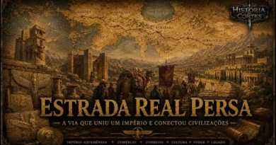 Ilustração histórica da Estrada Real Persa mostrando o percurso entre Sardes e Persépolis, com caravanas atravessando a via imperial, arquitetura aquemênida monumental, relevos persas e mapa destacando as principais cidades conectadas pela rota.