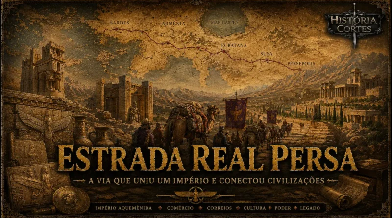 Ilustração histórica da Estrada Real Persa mostrando o percurso entre Sardes e Persépolis, com caravanas atravessando a via imperial, arquitetura aquemênida monumental, relevos persas e mapa destacando as principais cidades conectadas pela rota.