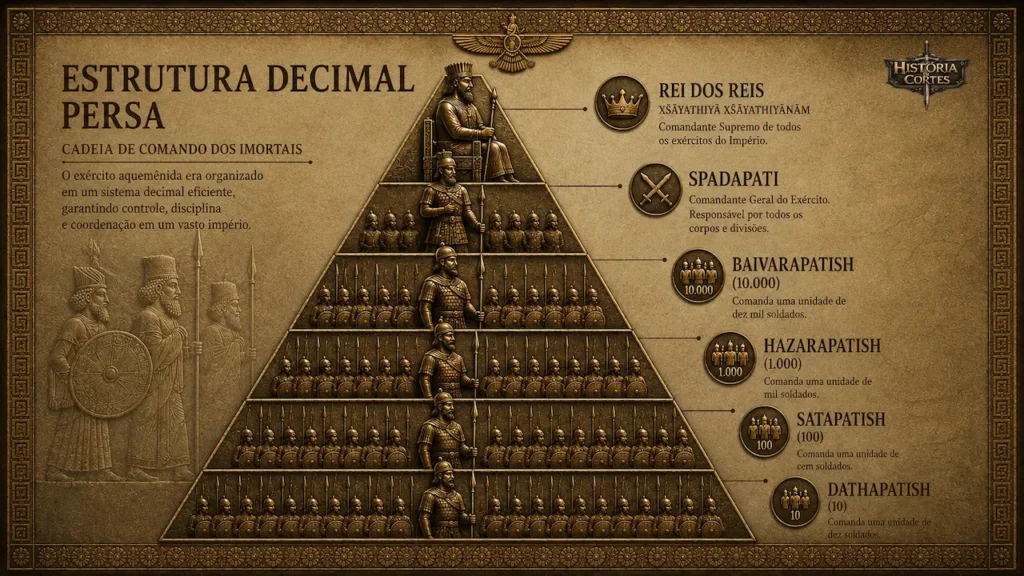 Infográfico mostrando a estrutura decimal do exército aquemênida, com a cadeia de comando dos Imortais Persas desde o Rei dos Reis até as unidades de dez soldados.