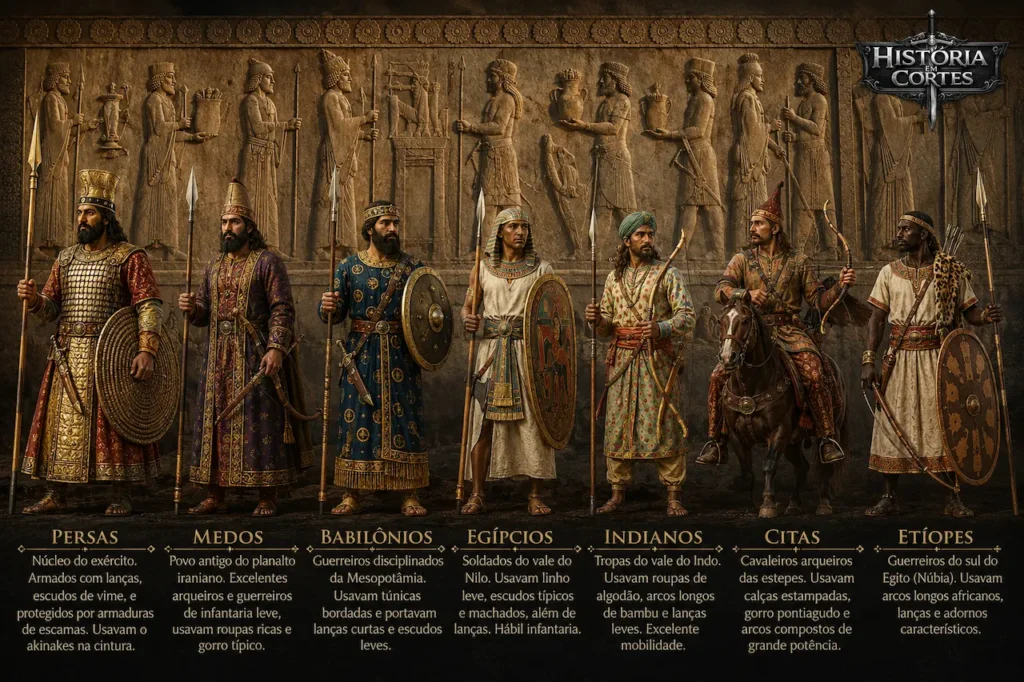 Comparação dos diferentes povos que compunham o exército persa aquemênida durante o reinado de Xerxes I.