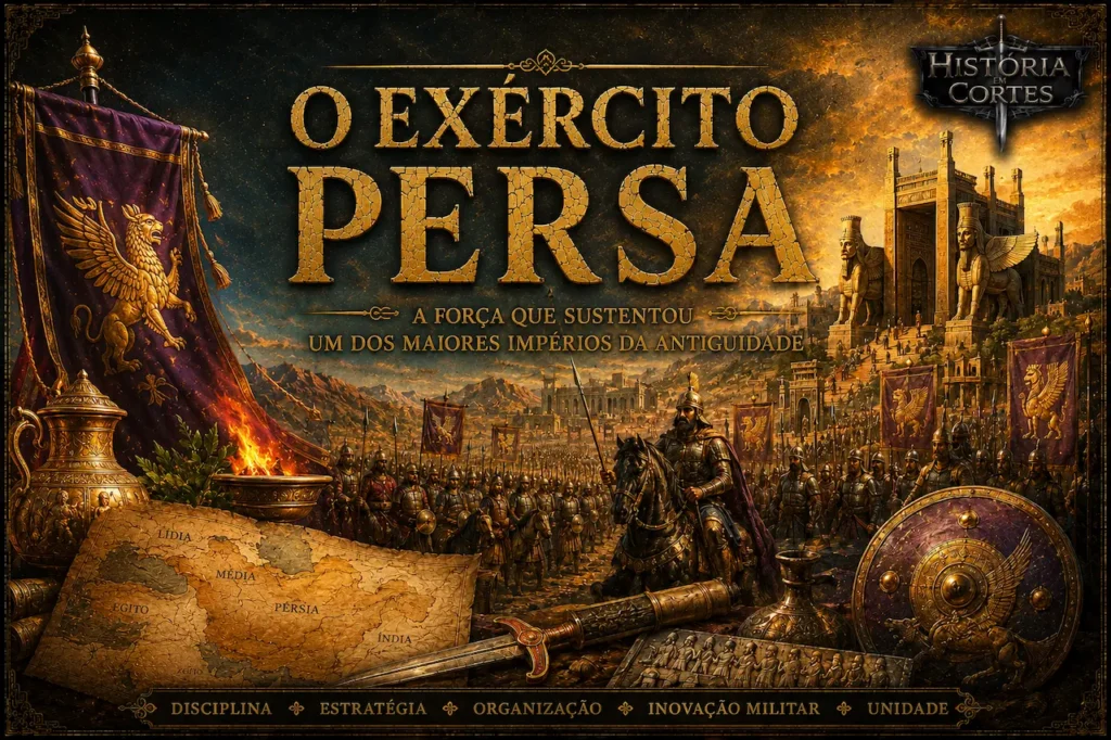 Ilustração histórica do Exército Persa aquemênida com soldados, cavalaria, estandartes imperiais, arquitetura persa monumental e símbolos militares da Antiguidade.