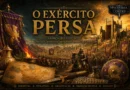 Ilustração histórica do Exército Persa aquemênida com soldados, cavalaria, estandartes imperiais, arquitetura persa monumental e símbolos militares da Antiguidade.
