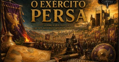 Ilustração histórica do Exército Persa aquemênida com soldados, cavalaria, estandartes imperiais, arquitetura persa monumental e símbolos militares da Antiguidade.