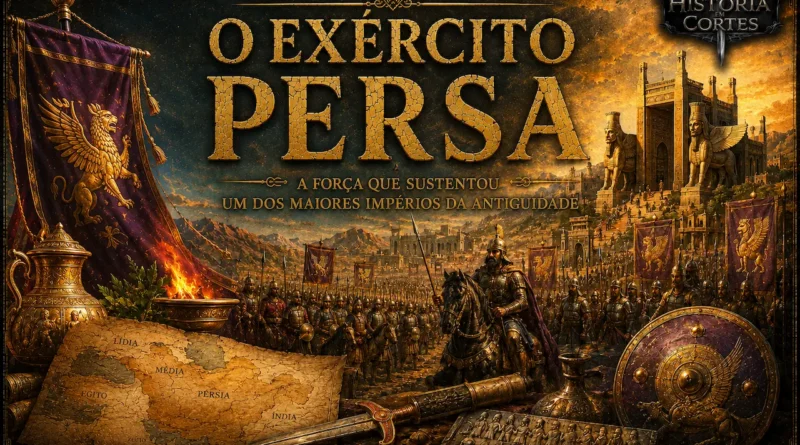Ilustração histórica do Exército Persa aquemênida com soldados, cavalaria, estandartes imperiais, arquitetura persa monumental e símbolos militares da Antiguidade.