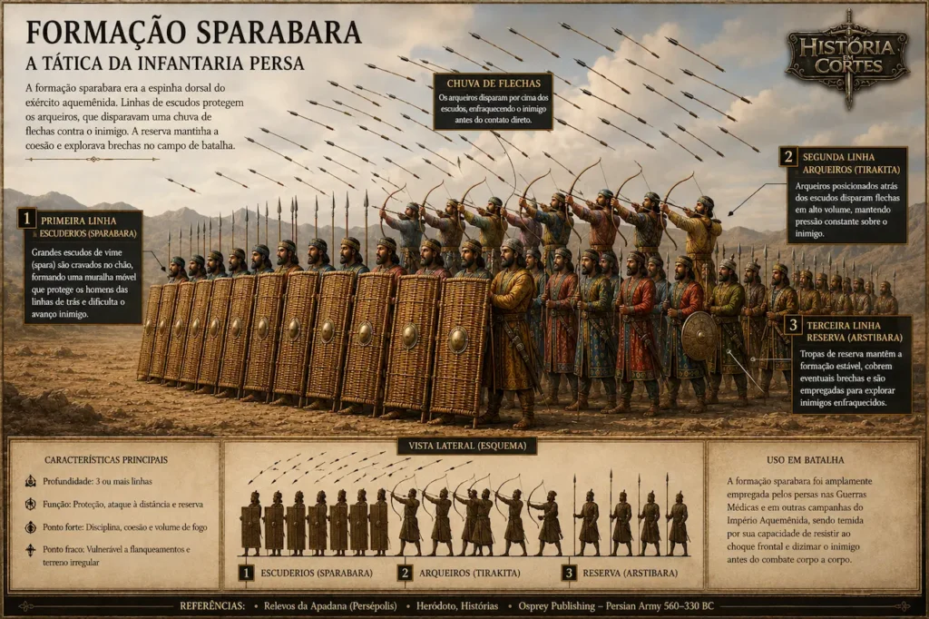 Diagrama da formação sparabara do exército persa aquemênida mostrando escudeiros na linha de frente, arqueiros protegidos atrás dos escudos e tropas de reserva na retaguarda.