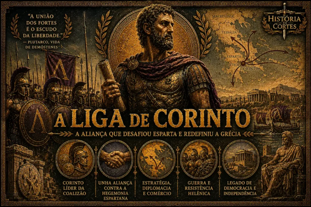 Ilustração histórica da Liga de Corinto mostrando Filipe II da Macedônia, hoplitas gregos, mapa da Grécia e símbolos da aliança pan-helênica criada após a Batalha de Queroneia.