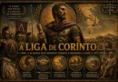Ilustração histórica da Liga de Corinto mostrando Filipe II da Macedônia, hoplitas gregos, mapa da Grécia e símbolos da aliança pan-helênica criada após a Batalha de Queroneia.