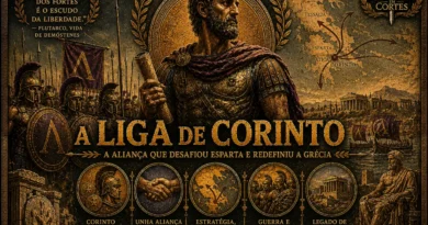 Ilustração histórica da Liga de Corinto mostrando Filipe II da Macedônia, hoplitas gregos, mapa da Grécia e símbolos da aliança pan-helênica criada após a Batalha de Queroneia.