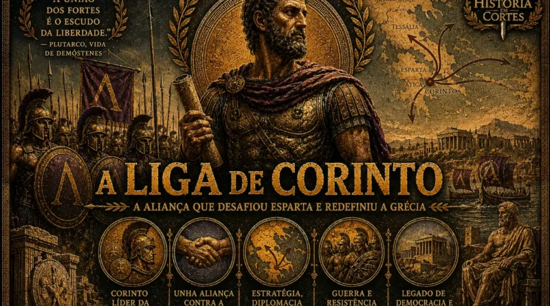 Ilustração histórica da Liga de Corinto mostrando Filipe II da Macedônia, hoplitas gregos, mapa da Grécia e símbolos da aliança pan-helênica criada após a Batalha de Queroneia.